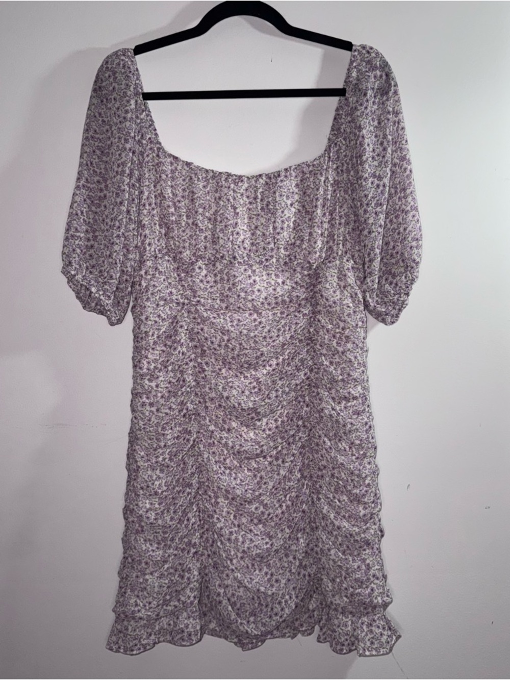 Lulu’s Lavender Floral Ruched Mini Dress Puff Sleeve Square Neck Women’s Large - Picture 3 of 9